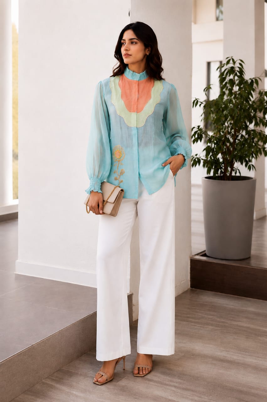 Aquamarine Embellished Mul-Chanderi Shirt
