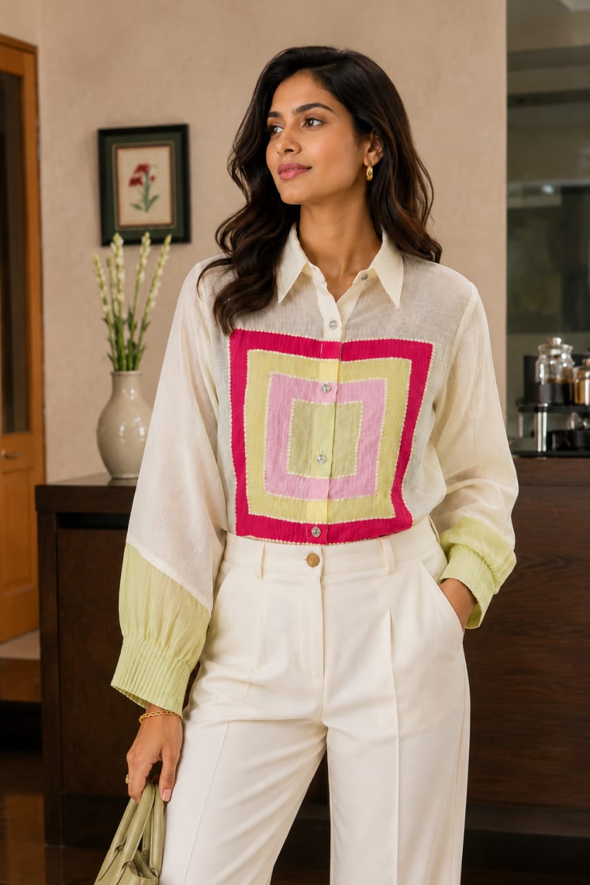 Chevron Embellished Mul-Chanderi Shirt