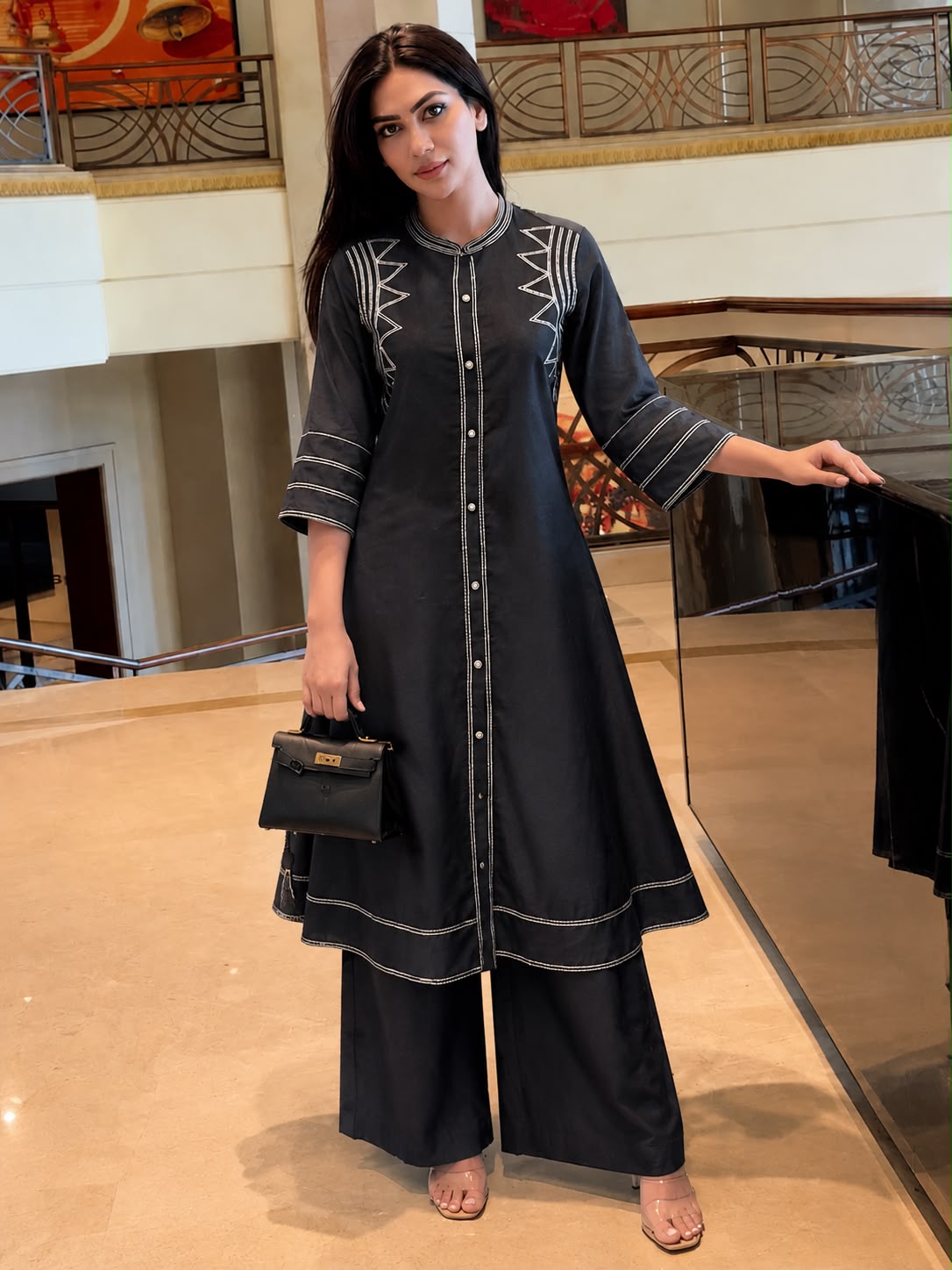Deep Black Embroidered Cotton Kurta Set