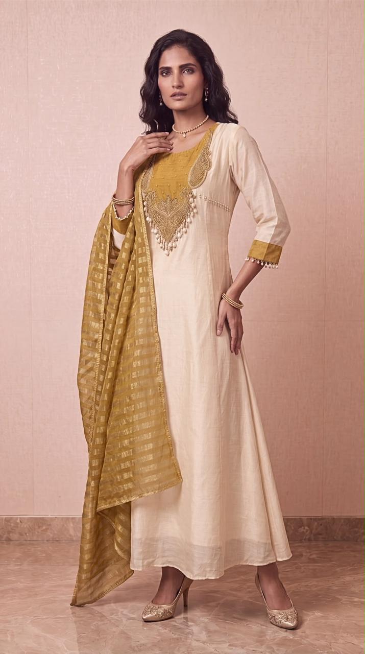 Olive Sunbeam Embellished Dola Silk Anarkali
