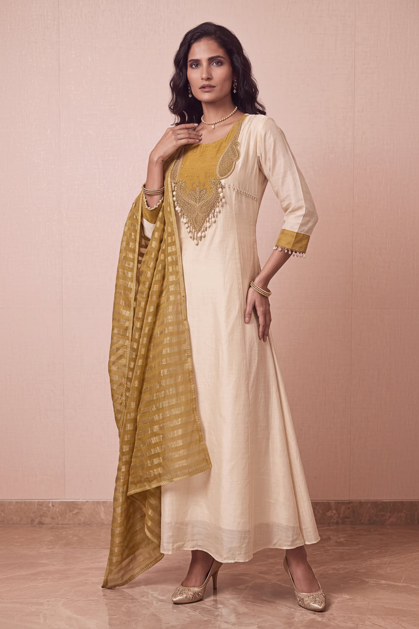 Olive Sunbeam Embellished Dola Silk Anarkali