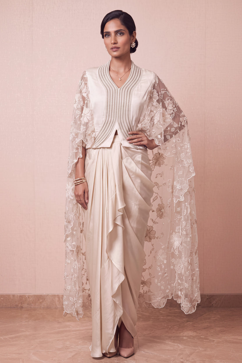 Pearl Ivory Embellished Satin Silk Skirt Set