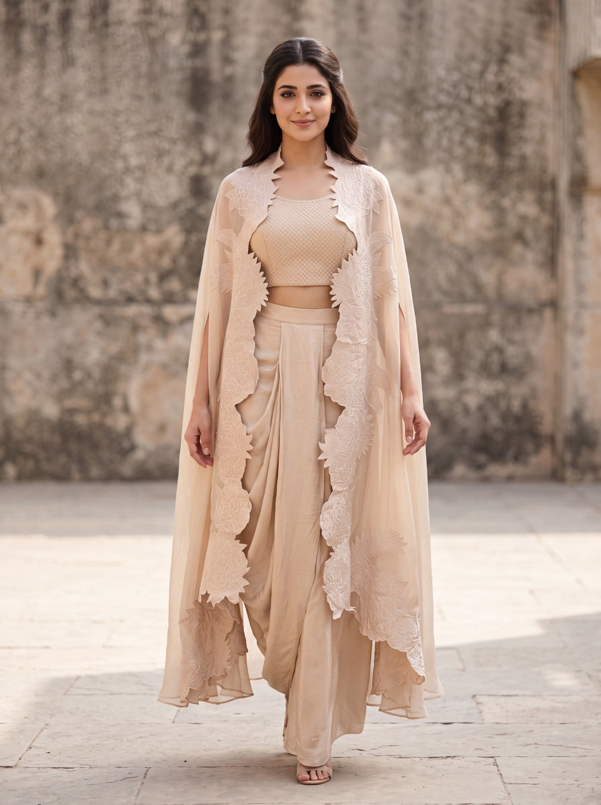 Sand Beige Embroidered Satin Silk Skirt Set