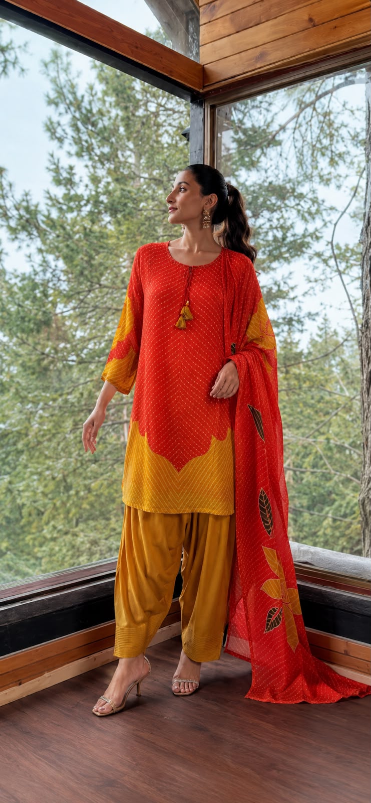 Burnt Orange Printed Chinnon Silk Pant Set