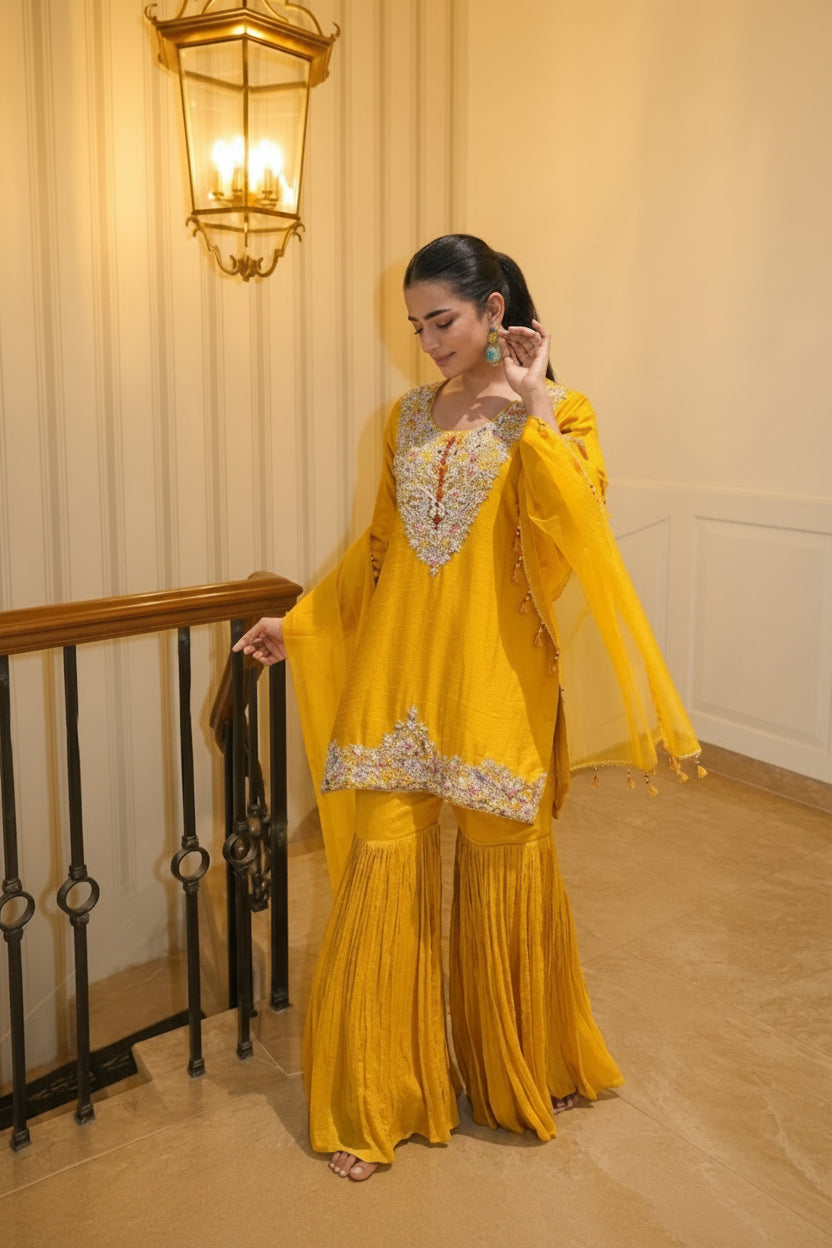 Sunlit Amber Embellished Raw Silk Sharara Set