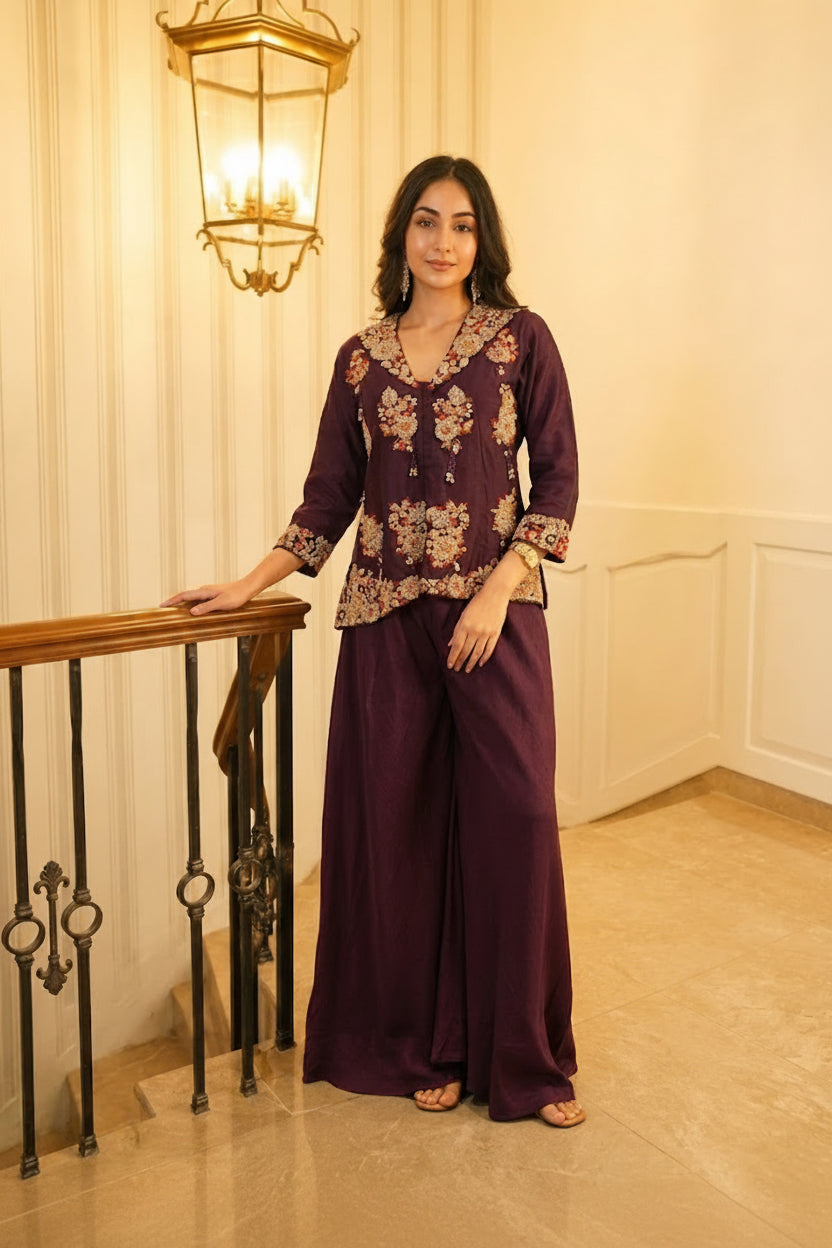 Deep Aubergine Embroidered Raw Silk Sharara Set