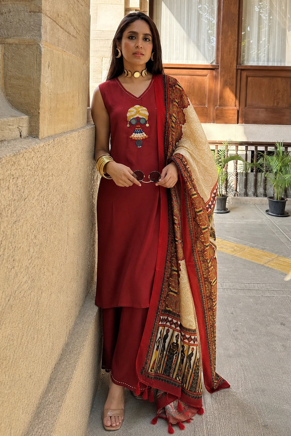 Brick Red Embellished Rayon Silk Pant Set