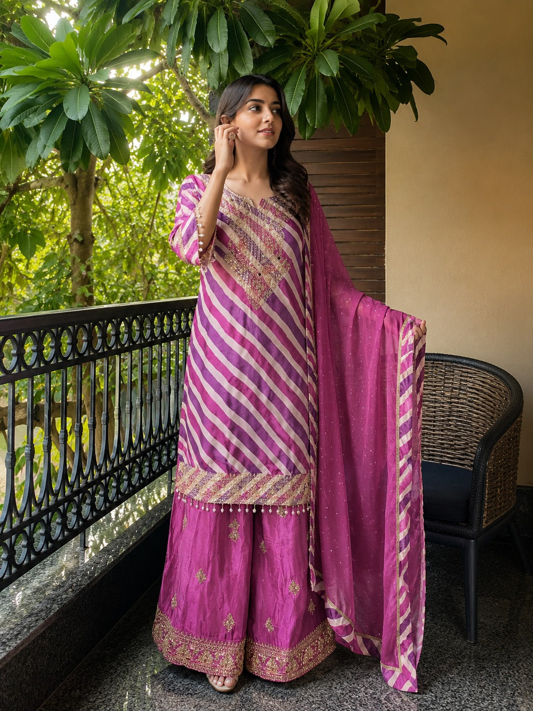 Lavender Purple Embellished Crepe Silk Palazzo Set