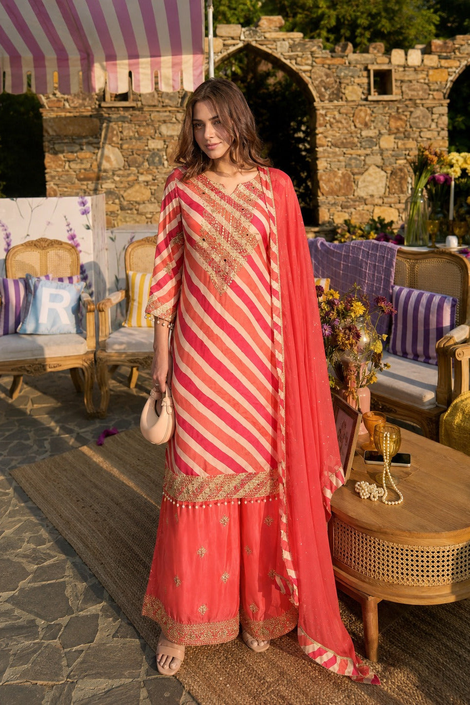 Coral Pink Embellished Crepe Silk Palazzo Set