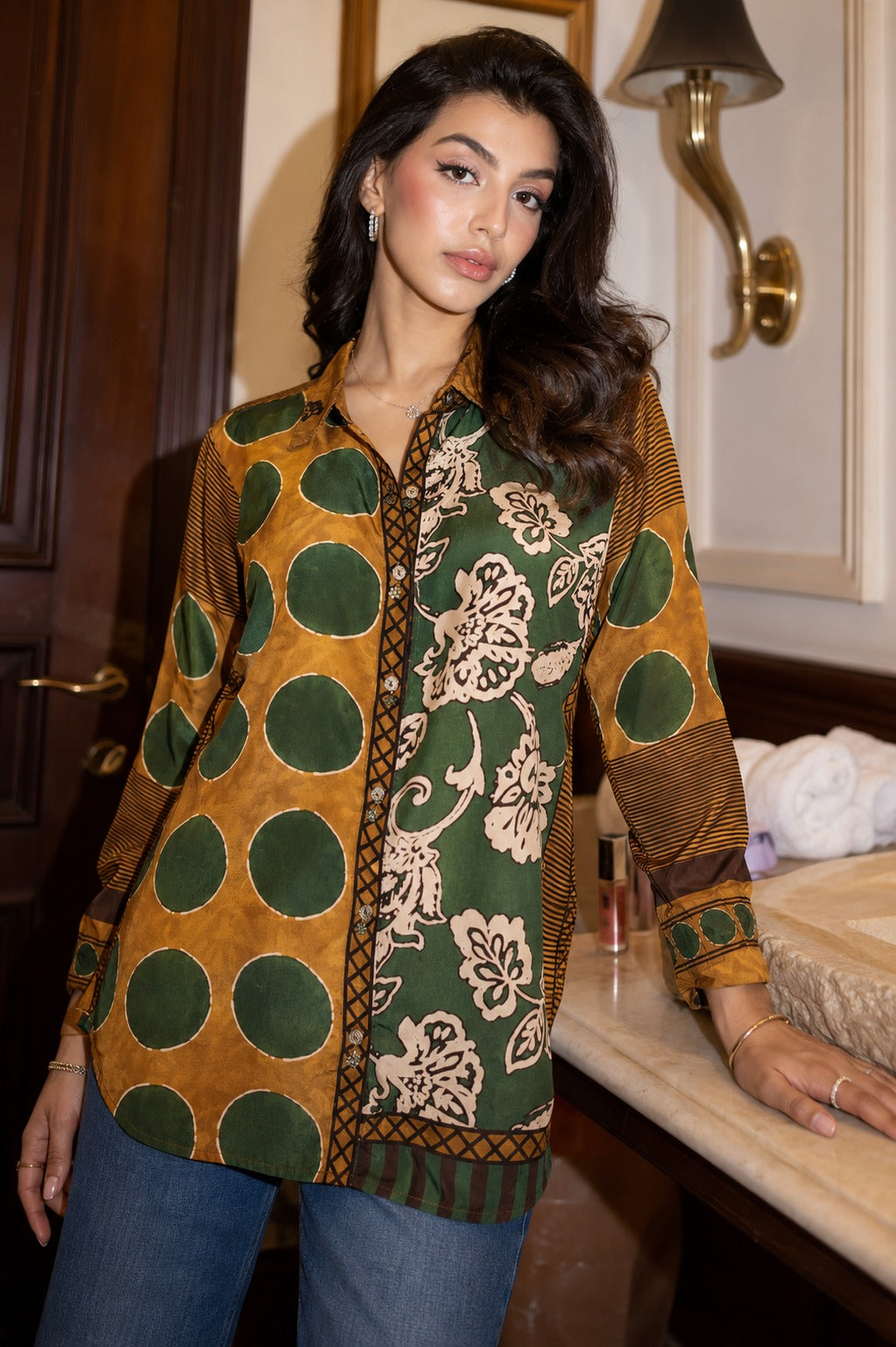 Mustard Ochre Printed Crepe Silk Ajrakh Shirt