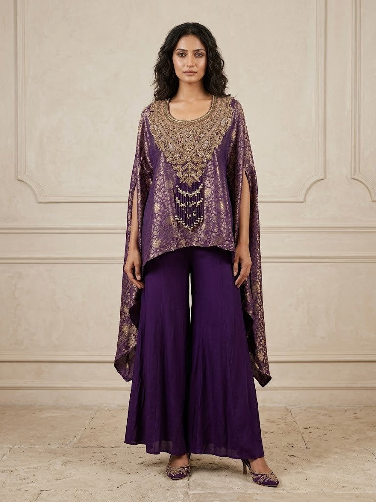 Deep Purple Embellished Banarasi Brocade Silk Kaftan Set