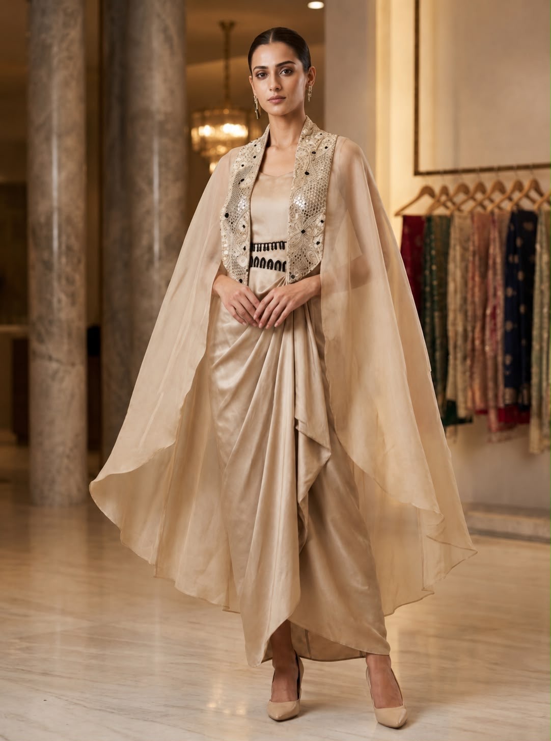 Royal Champagne Embellished Satin Silk Skirt Set