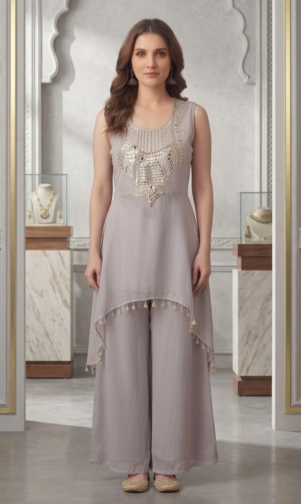 Lilac Grey Embellished Kora Silk Palazzo Set