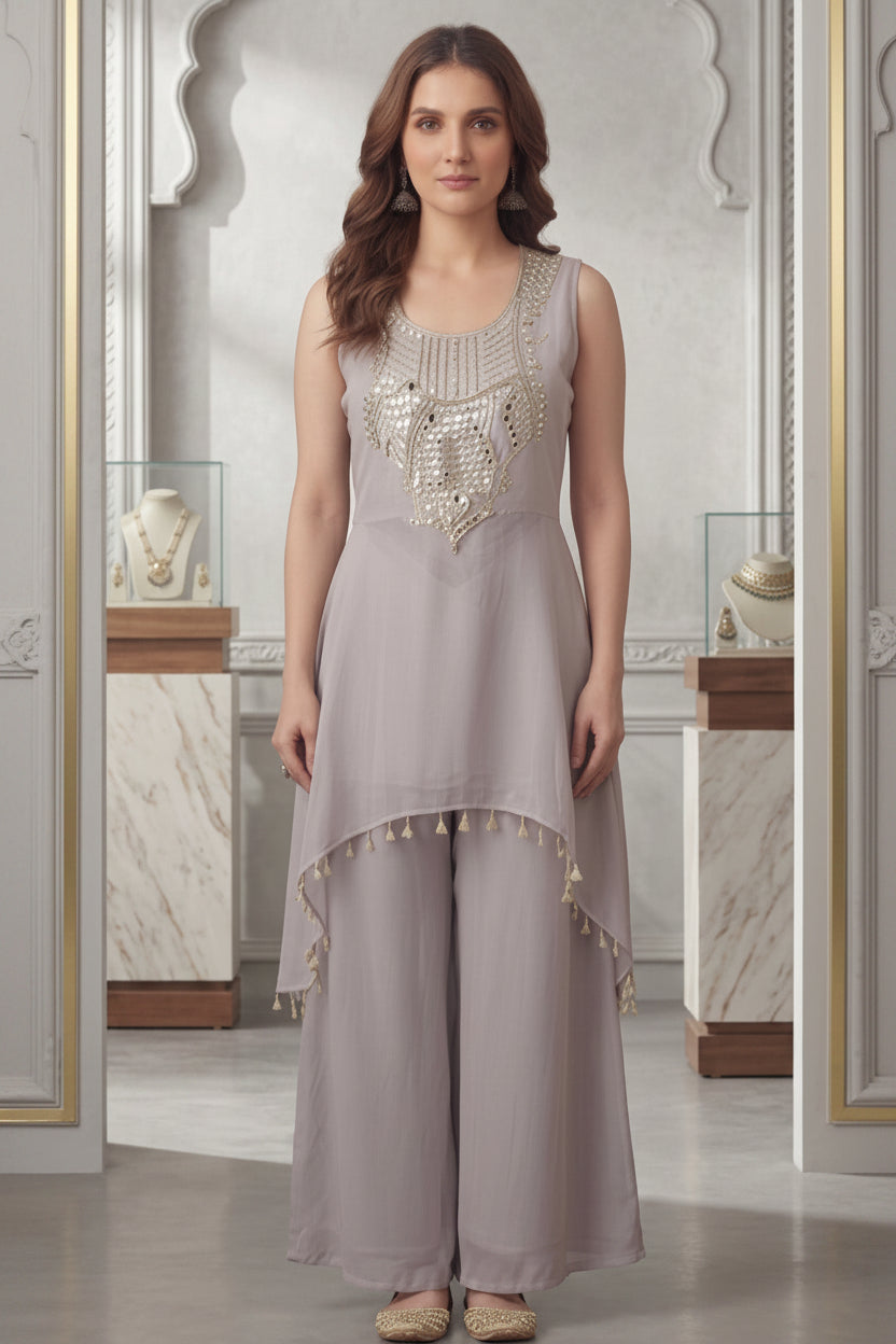 Lilac Grey Embellished Kora Silk Palazzo Set