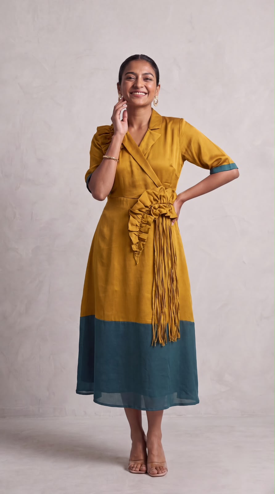 Mustard Teal Solid Geogette Silk Dress
