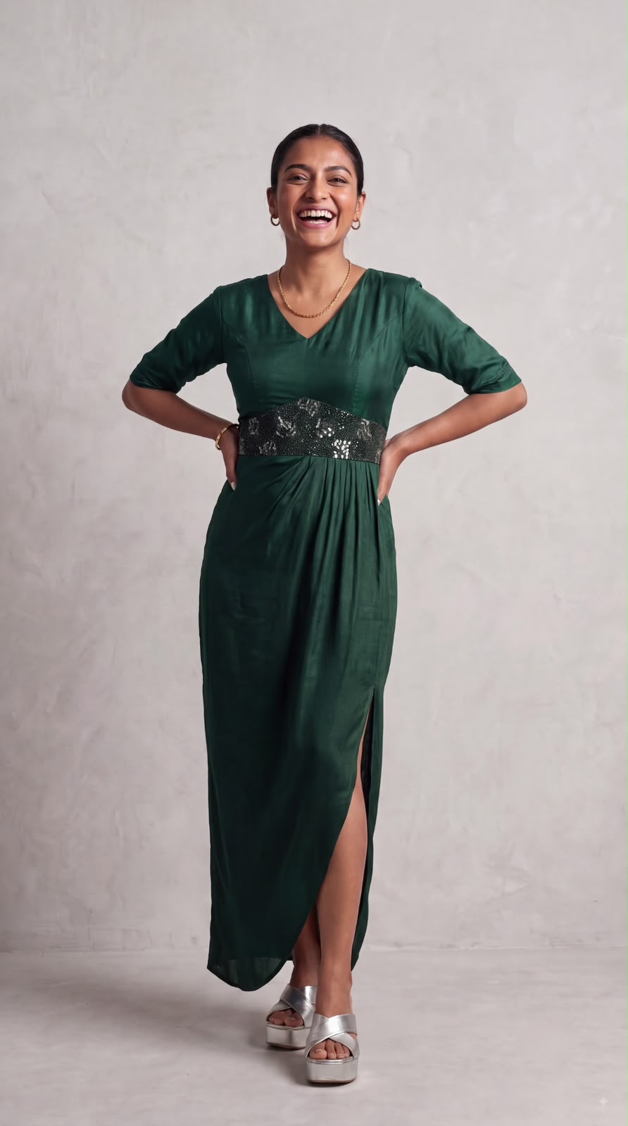 Emerald Solid Embellished Satin Silk Dress