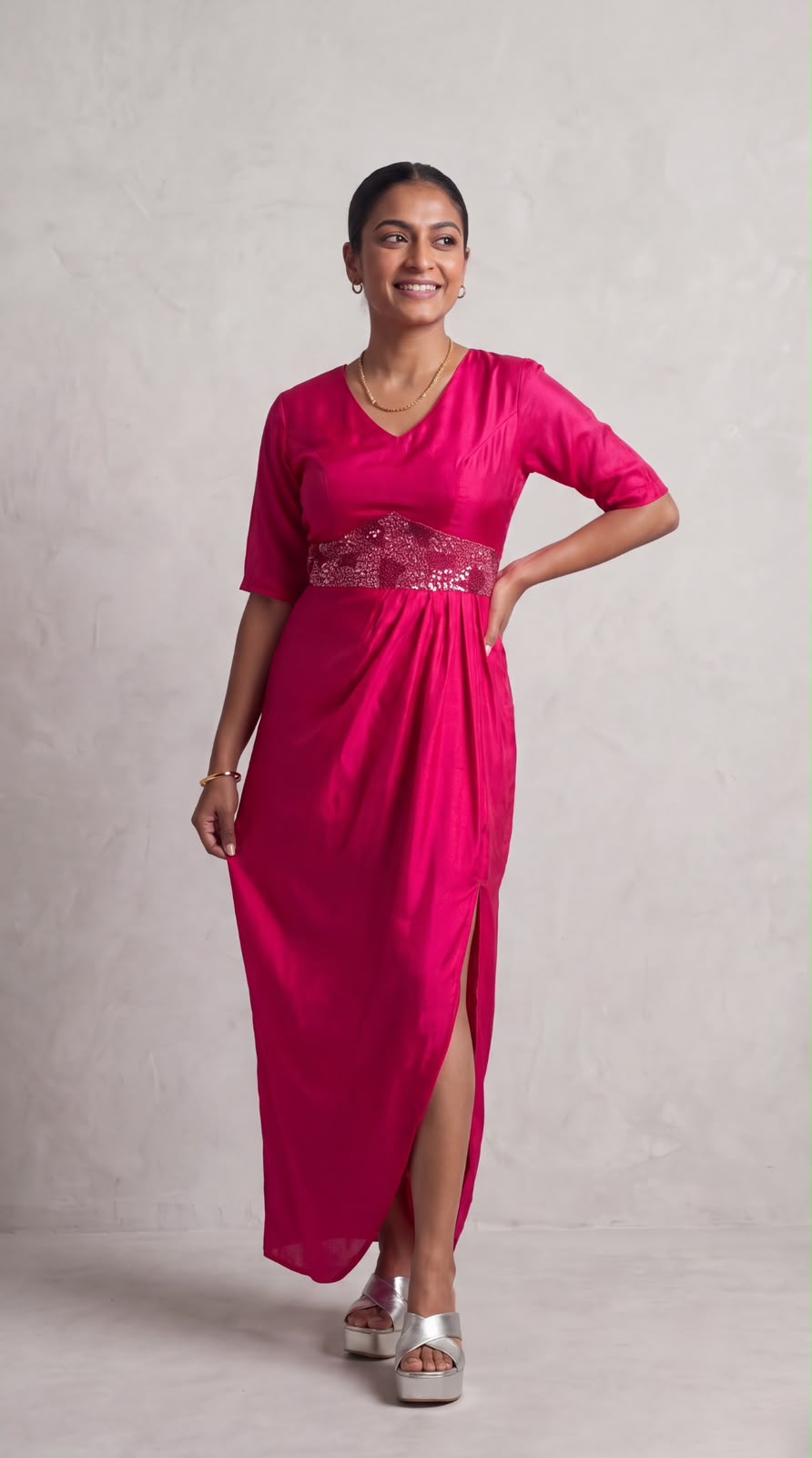 Hot Pink Solid Embellished Satin Silk Dress