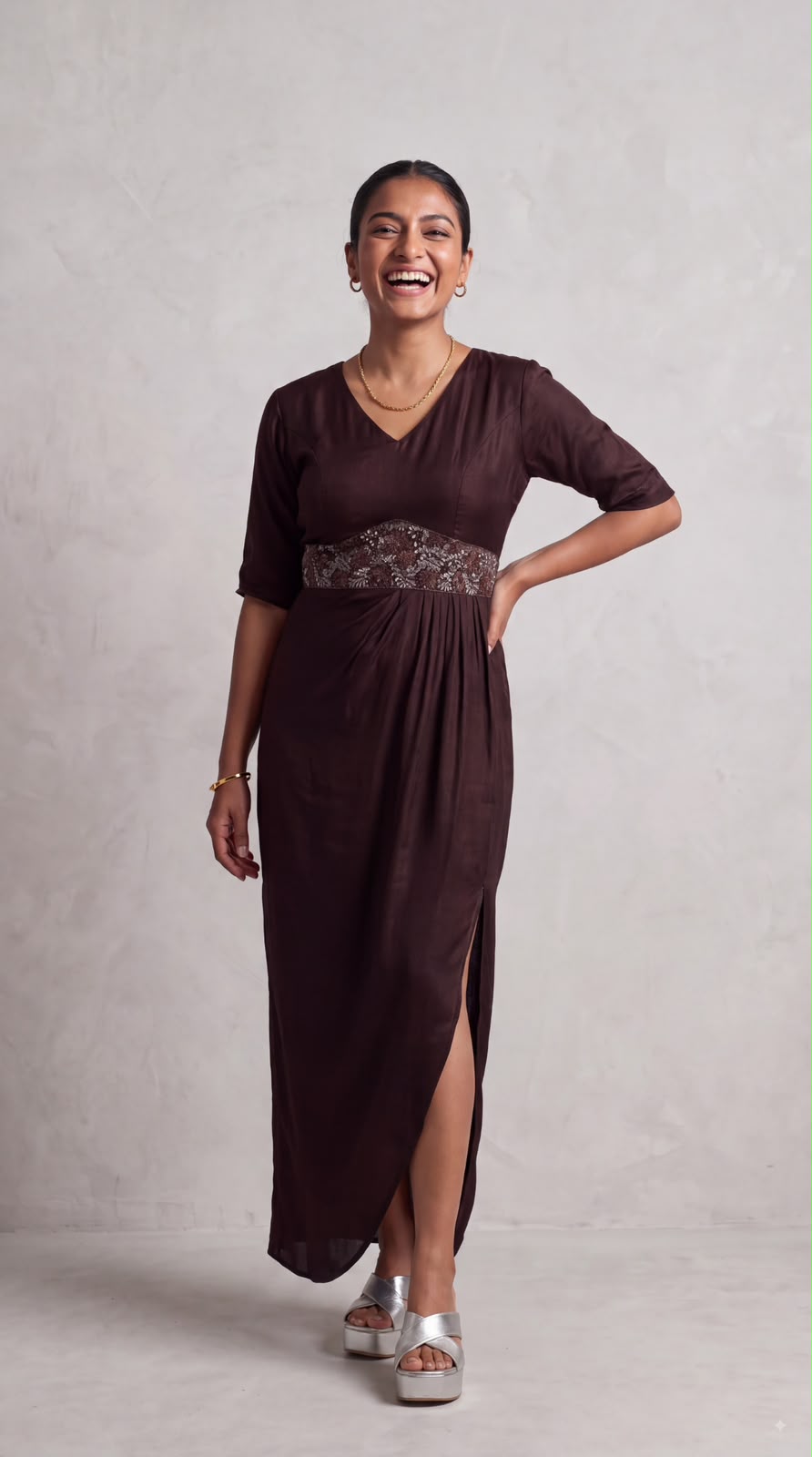 Espresso Solid Embellished Satin Silk Dress