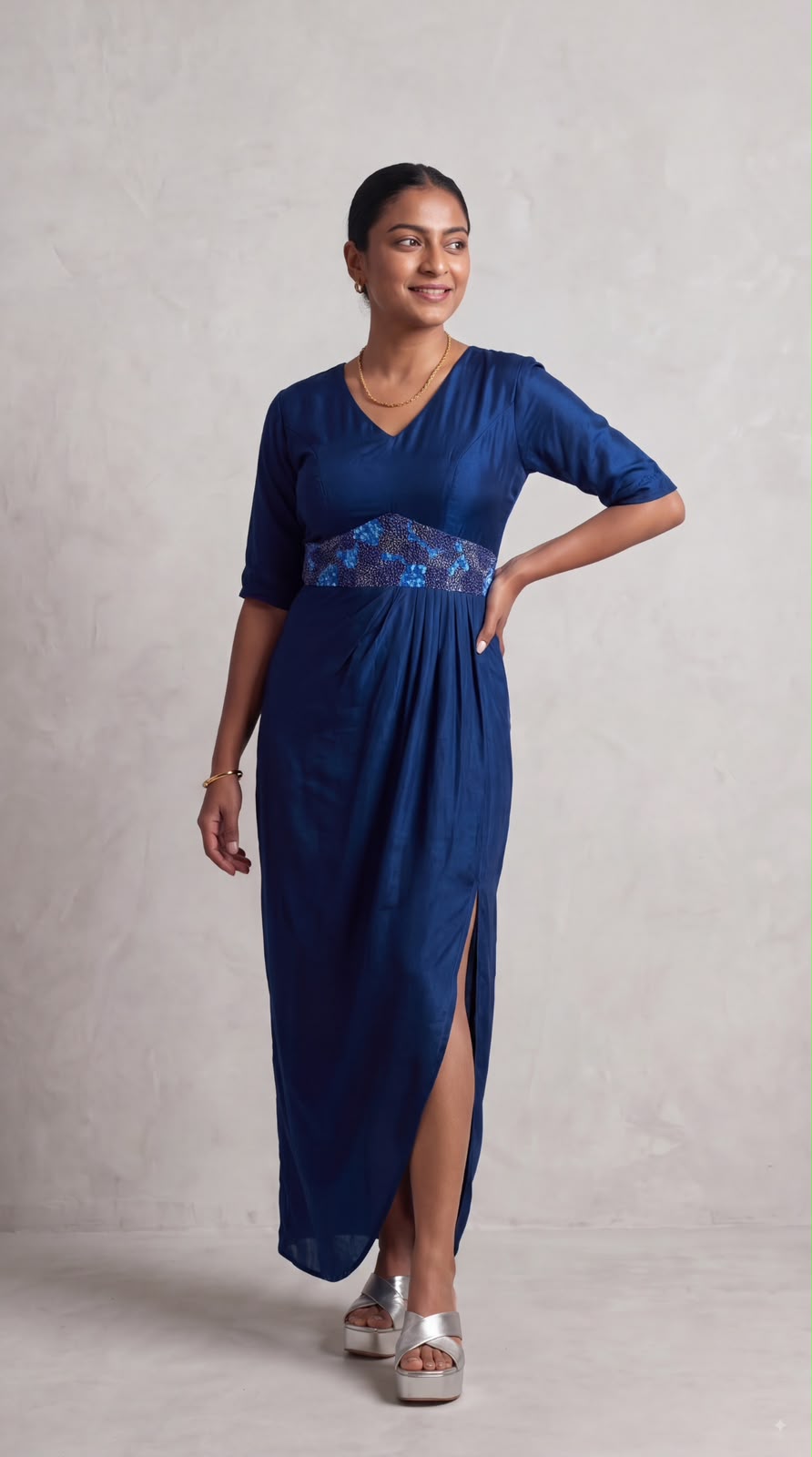 Cobalt Solid Embellished Satin Silk Dress
