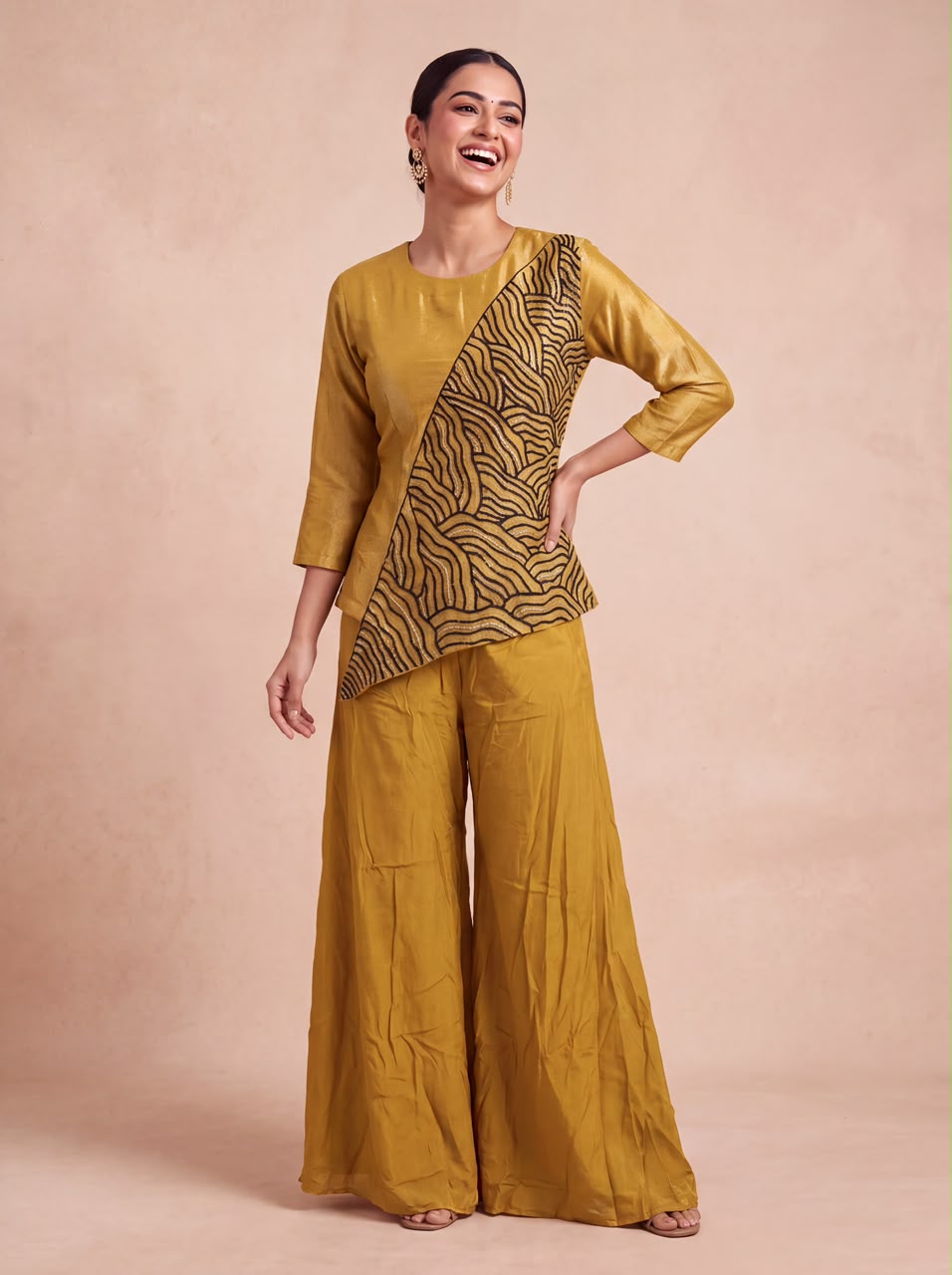 Ochre Embellished Tissue Silk Palazzo Set