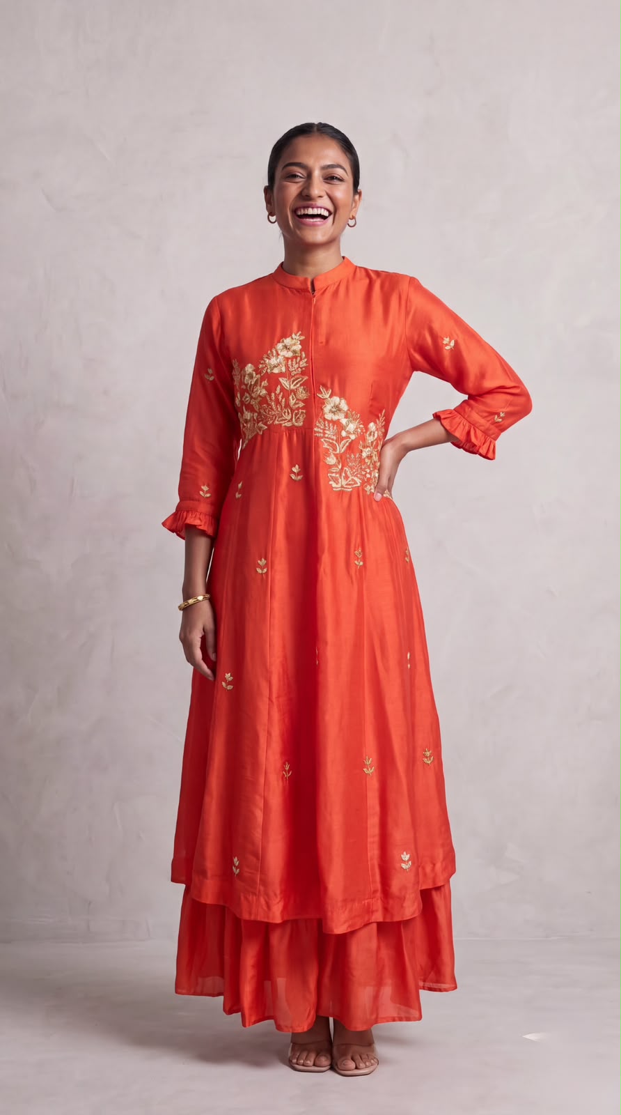 Rust Orange Embellished Dola Silk Dress