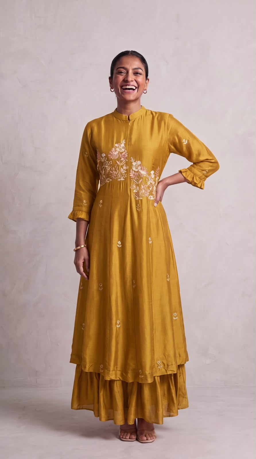 Mustard Yellow Embellished Dola Silk Dress