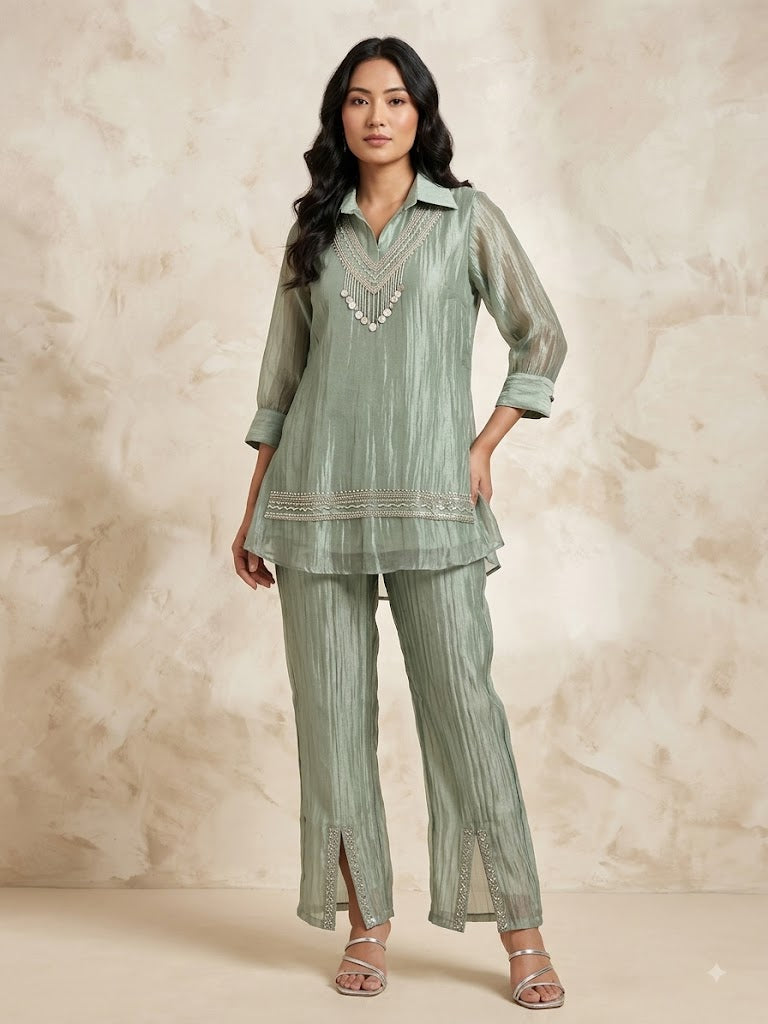 Sage Green Embellished Shimmer Organza Silk Co-Ord Set