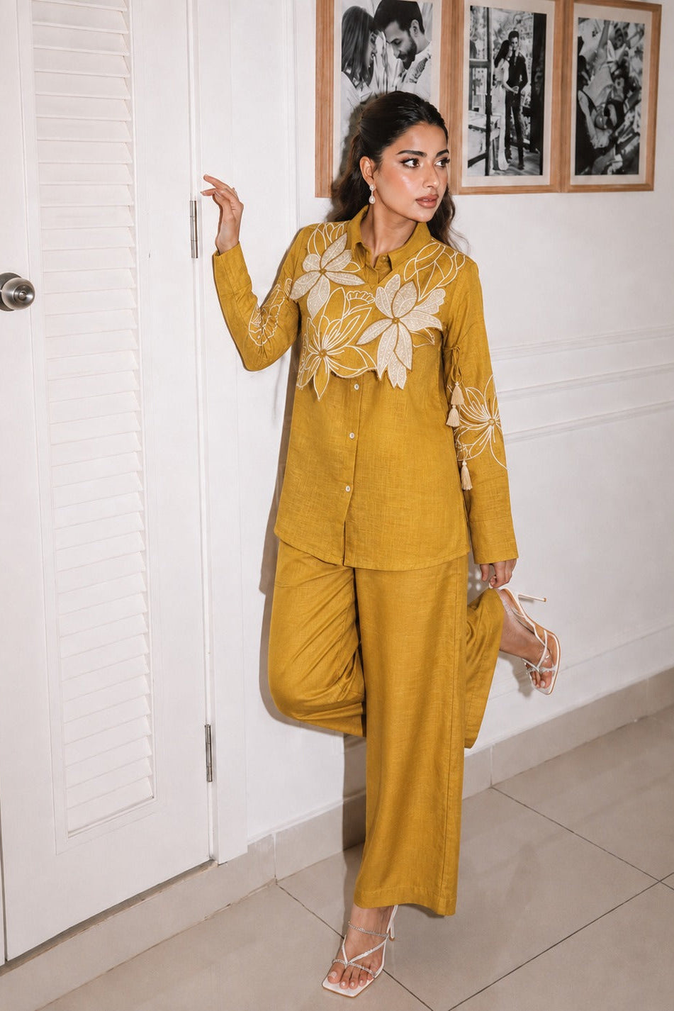 Mustard Yellow Embellished Cotton Flex Co-Ord Set