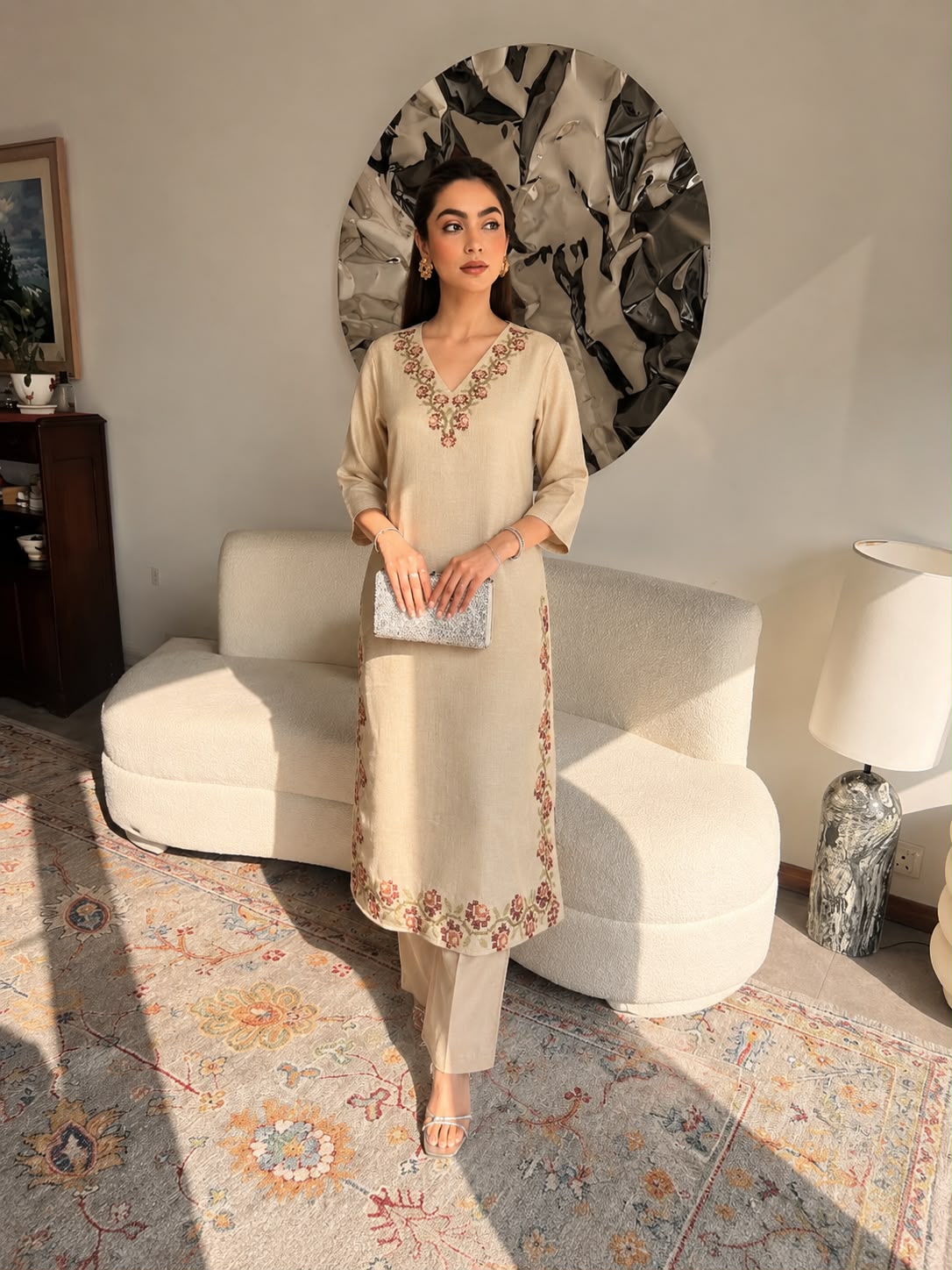 Natural Beige Embellished Cotton Flex Pant Set