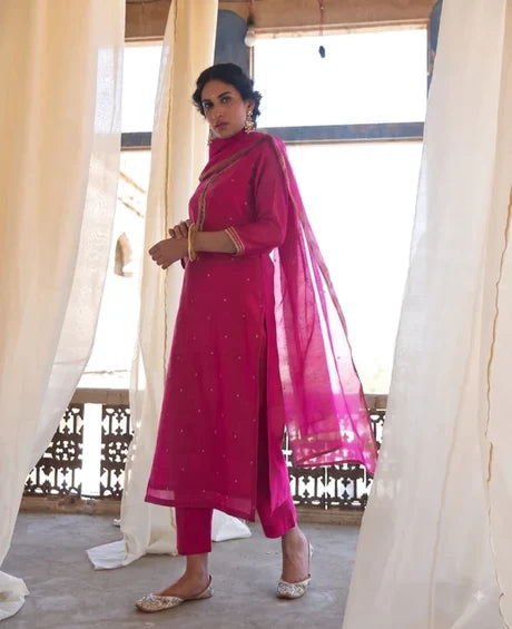 Magenta Pink Embellished Mul Chanderi Silk Pant Set