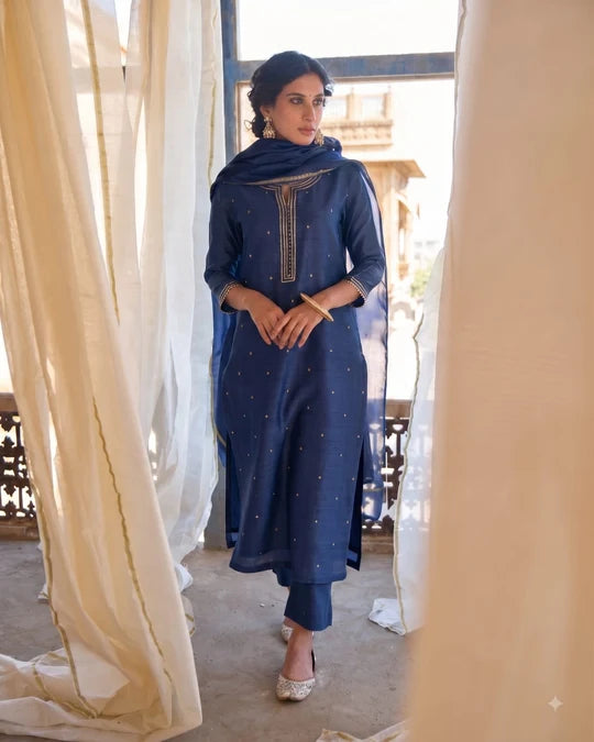 Navy Blue Embellished Mul Chanderi Pant Set