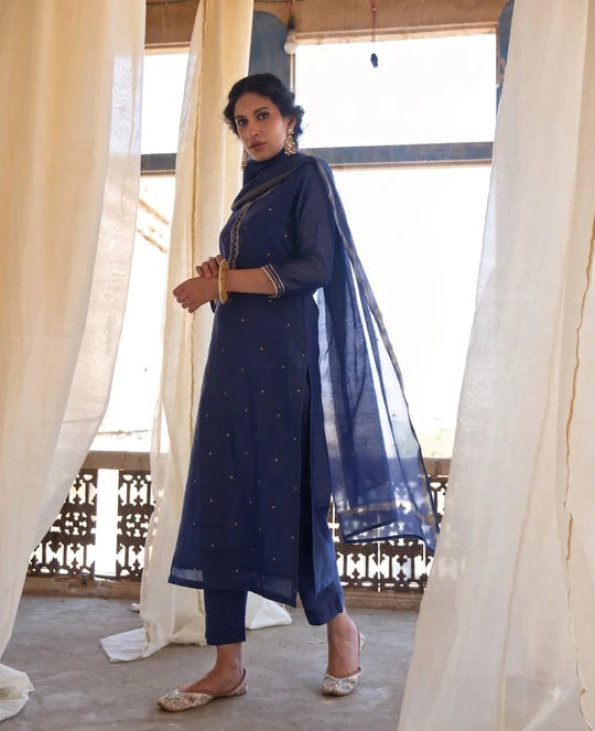 Navy Blue Embellished Mul Chanderi Pant Set