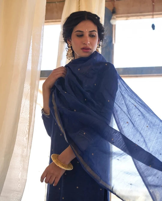 Navy Blue Embellished Mul Chanderi Pant Set