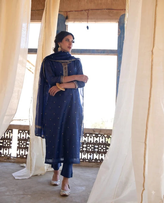 Navy Blue Embellished Mul Chanderi Pant Set