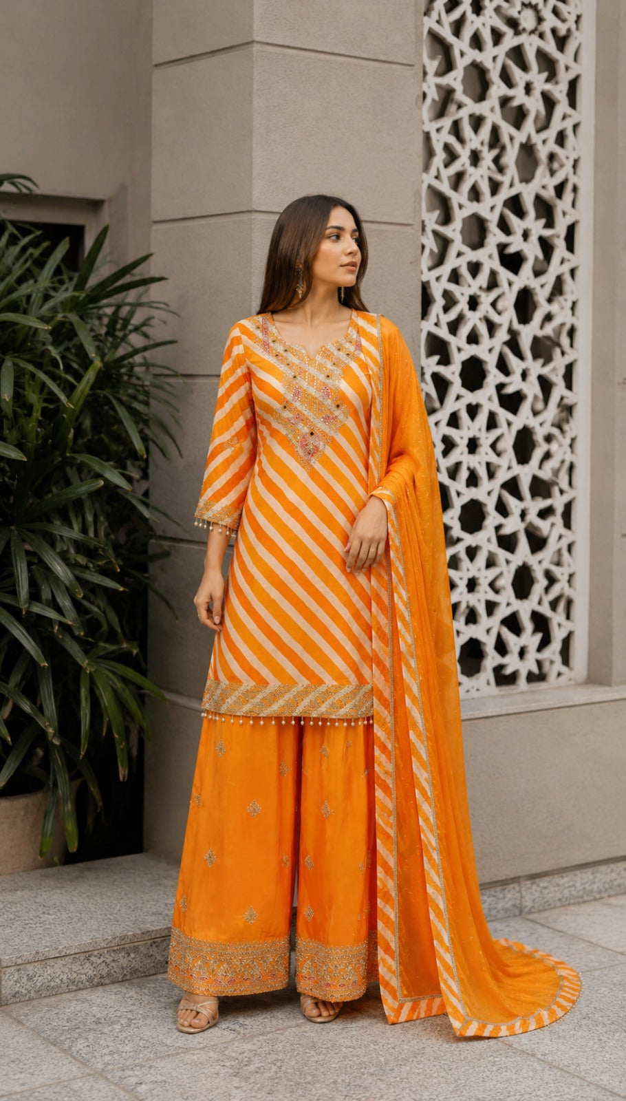 Bright Orange Embellished Crepe Silk Palazzo Set