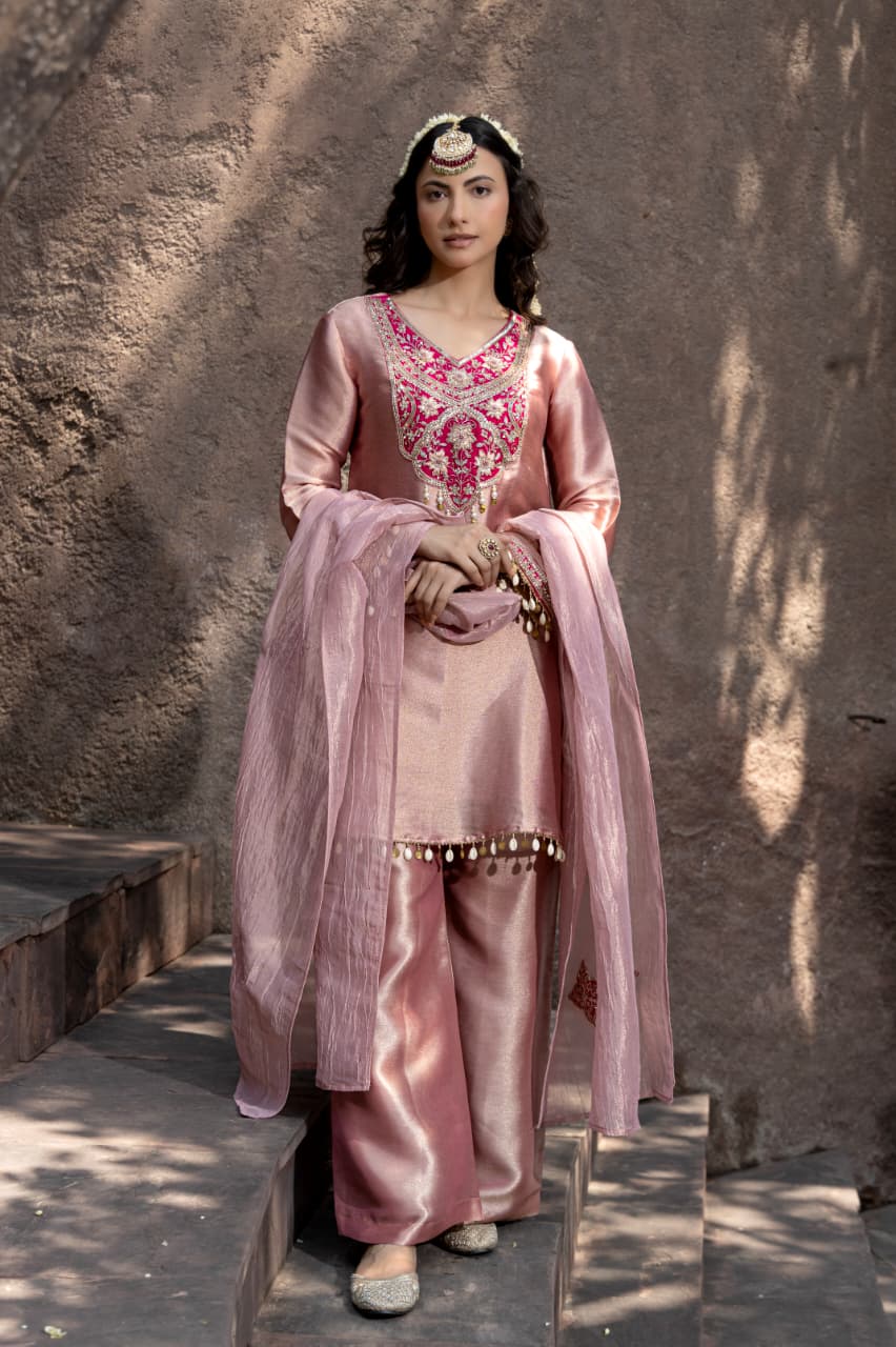 Blush Pink Embellished Tissue Silk Palazzo Set