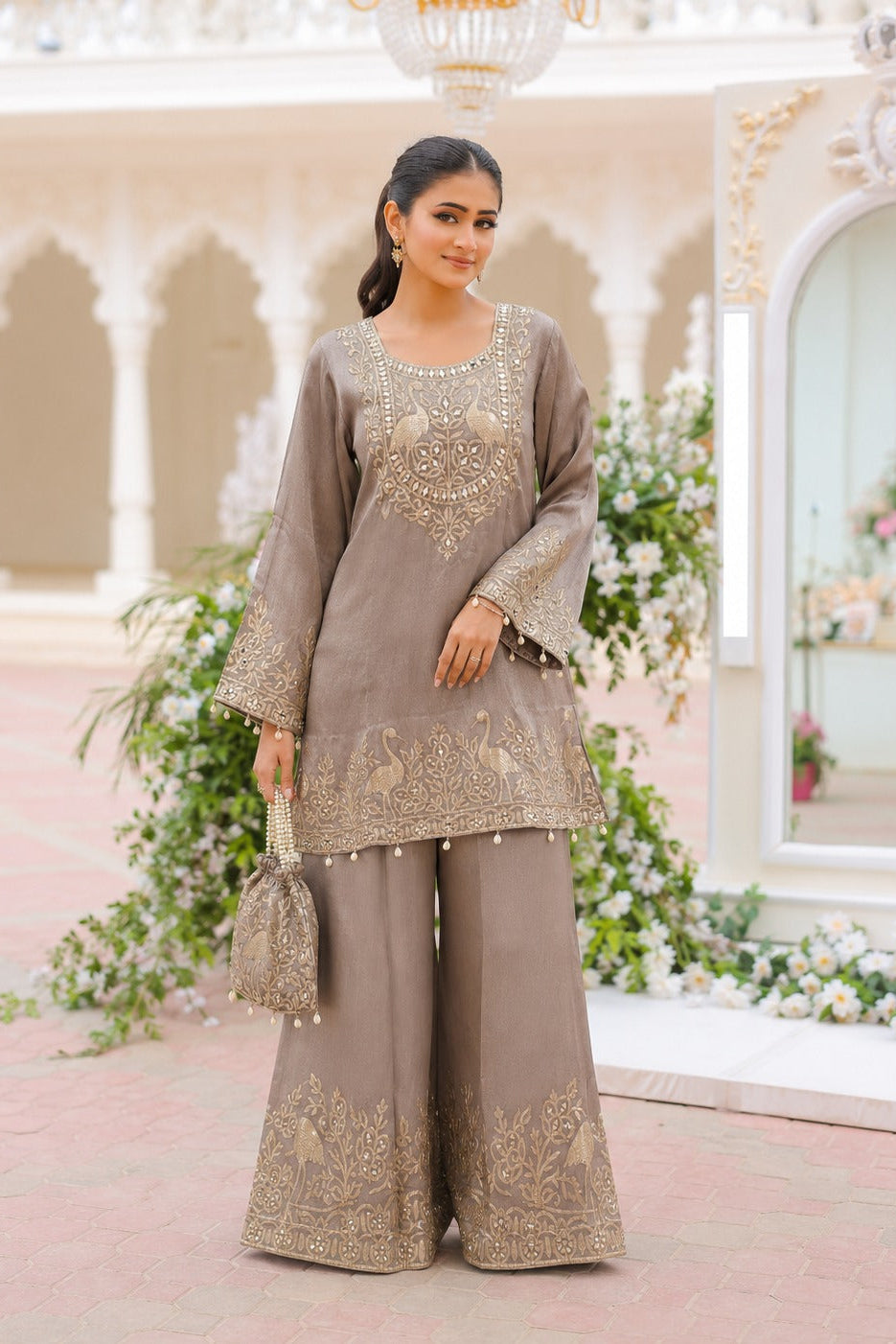 Taupe Embellished Premium Silk Co-Ord Set