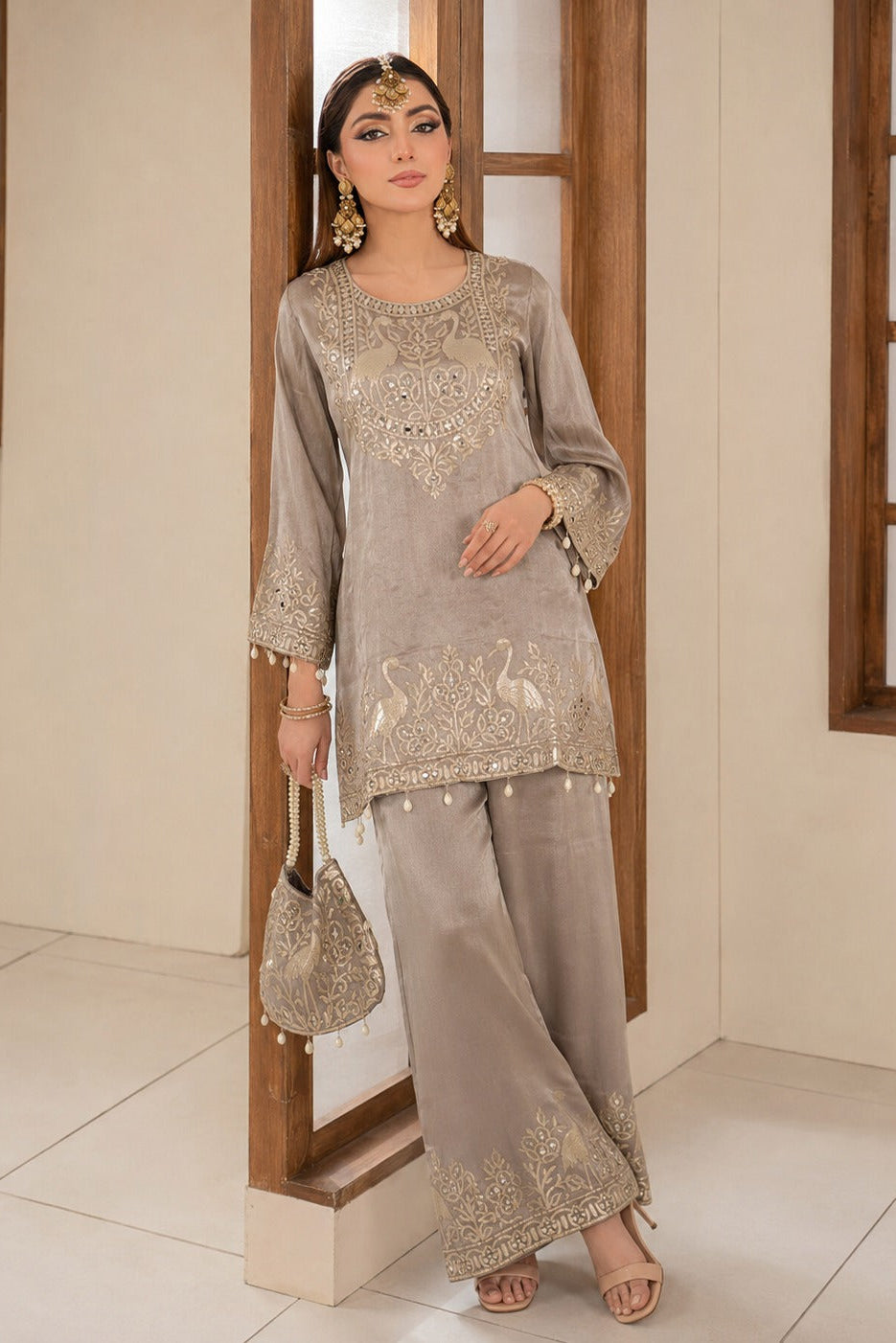 Taupe Embellished Premium Silk Co-Ord Set
