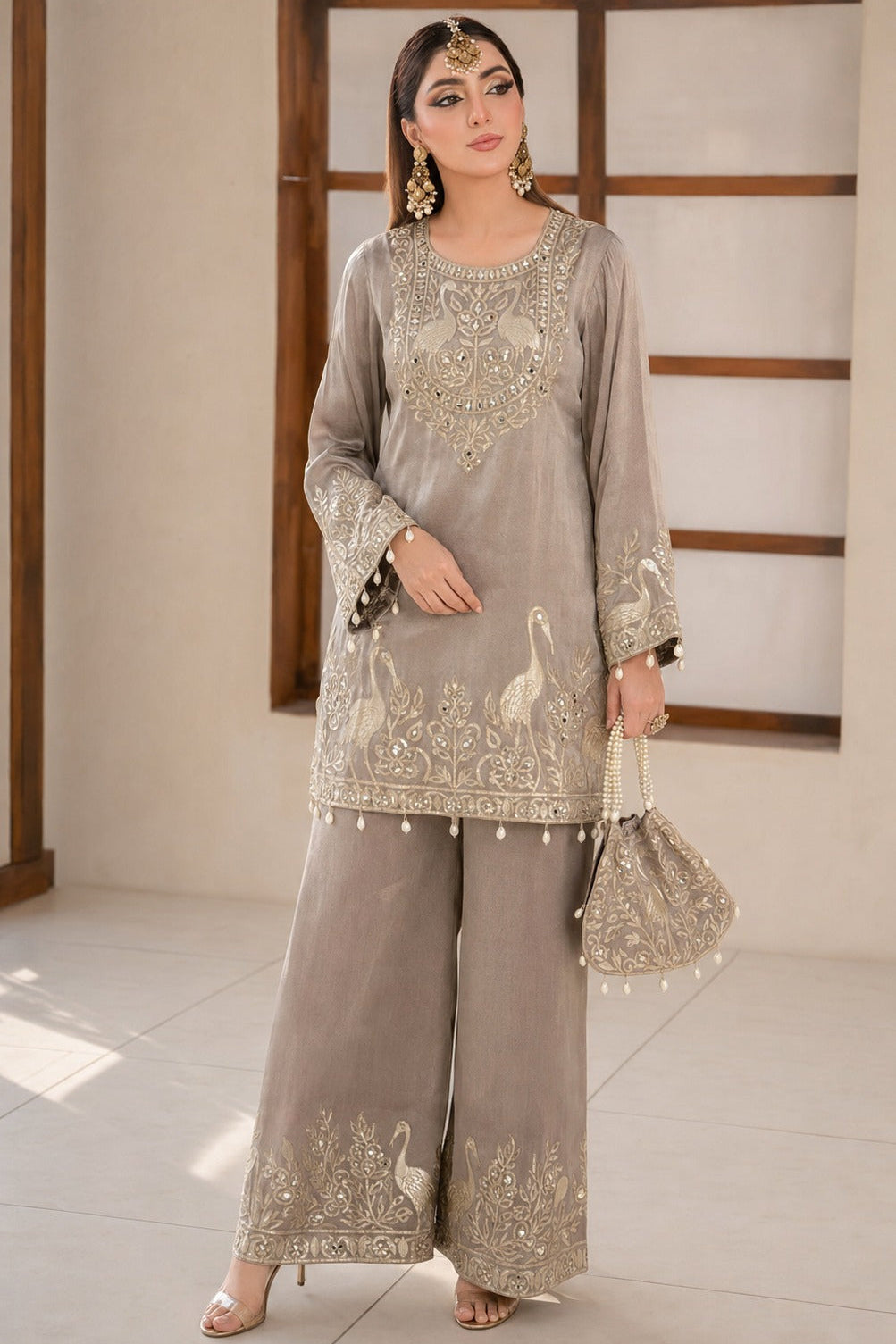 Taupe Embellished Premium Silk Co-Ord Set