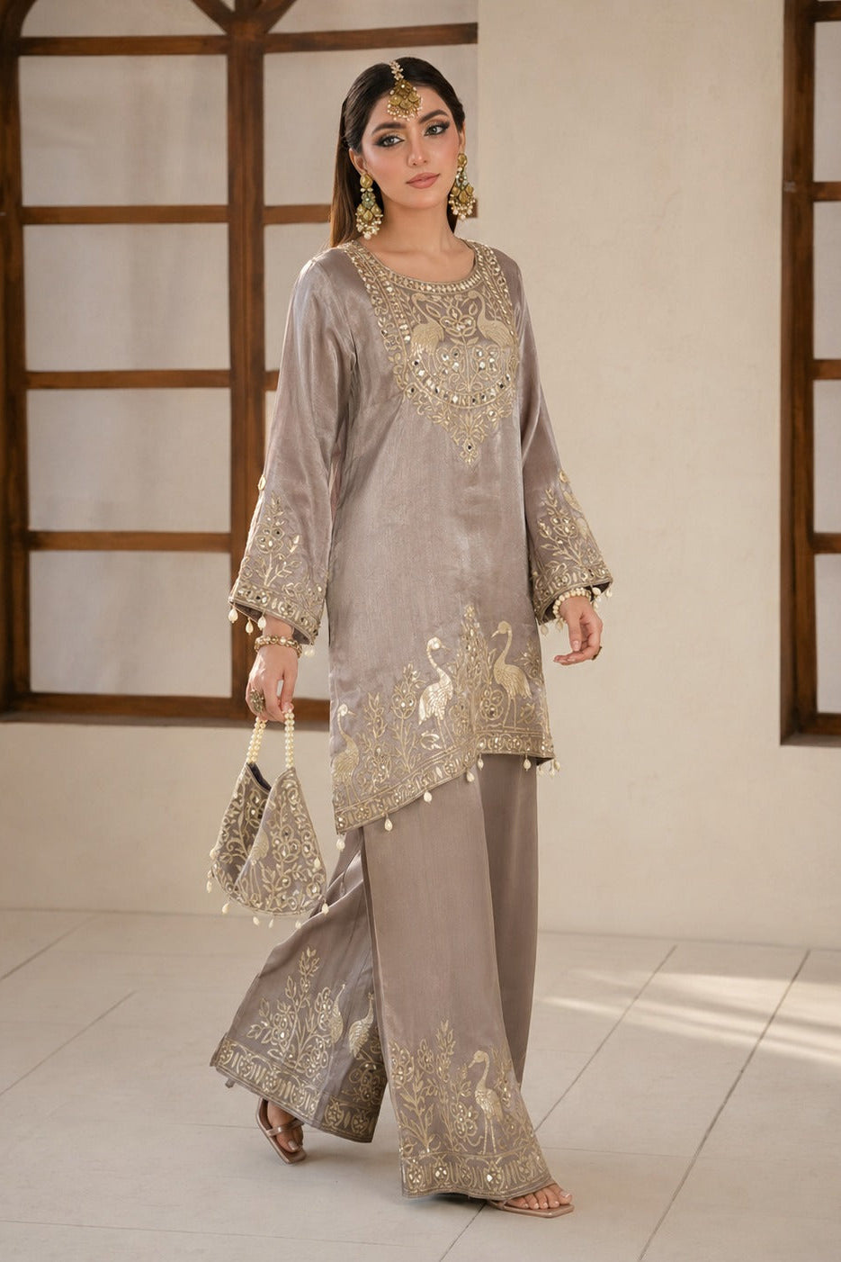 Taupe Embellished Premium Silk Co-Ord Set