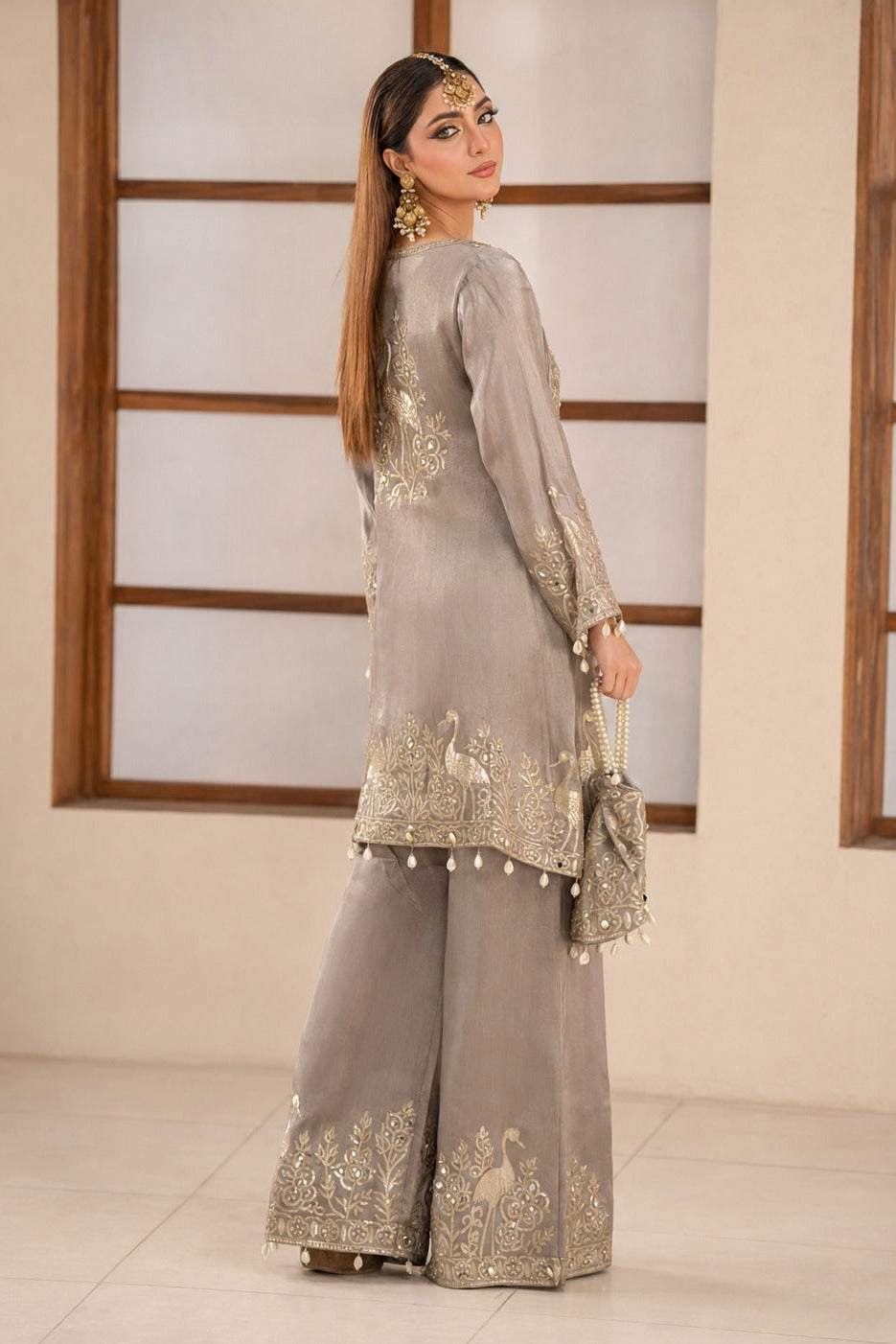 Taupe Embellished Premium Silk Co-Ord Set
