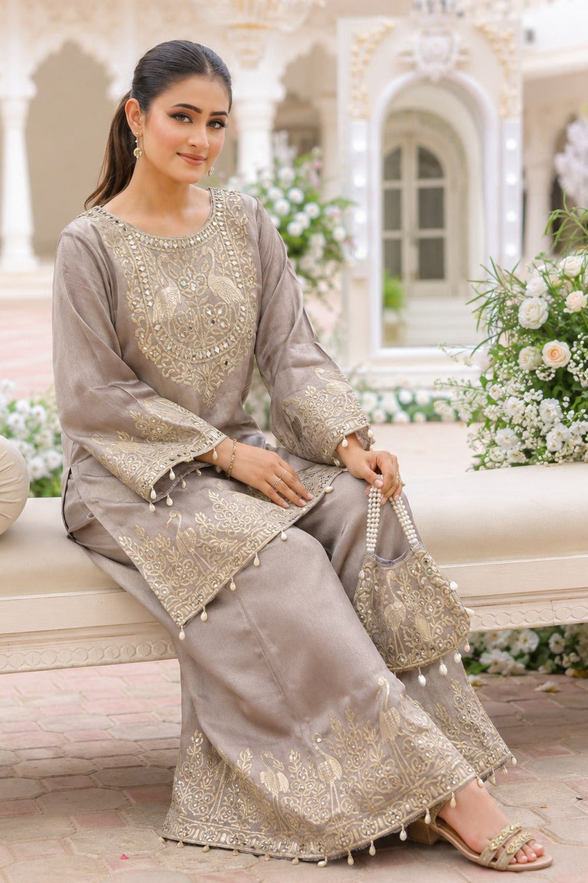 Taupe Embellished Premium Silk Co-Ord Set