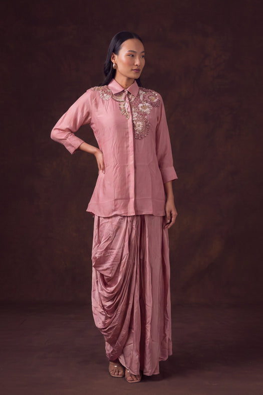 Dusty Rose Embellished Satin Silk Skirt Set