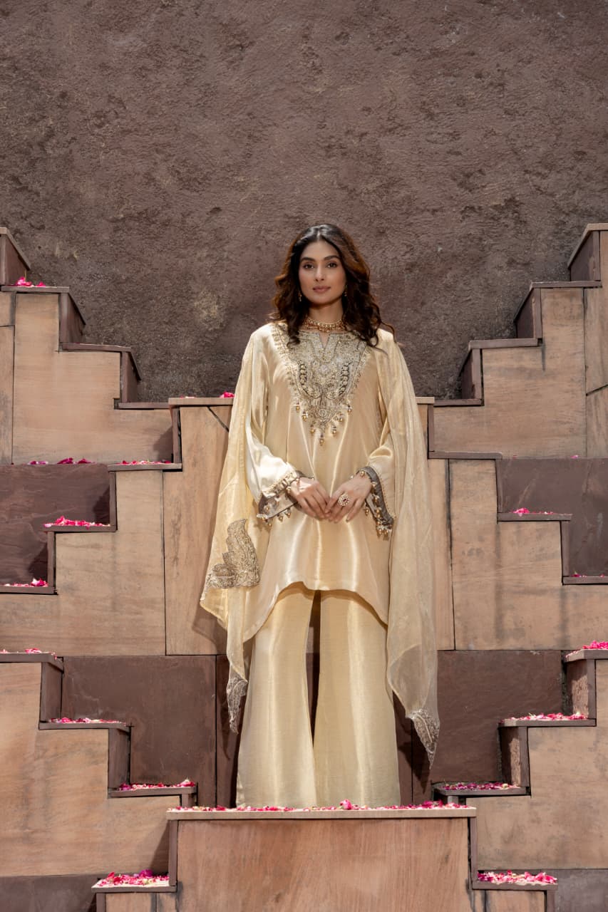 Champagne Gold Embellished Giraffe Tissue Silk Palazzo Set