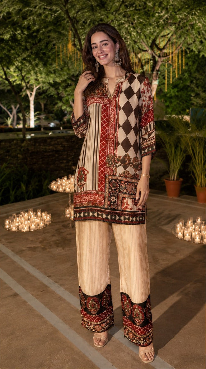 Multi-color Ajrakh Printed Crepe Silk Co-Ord Set