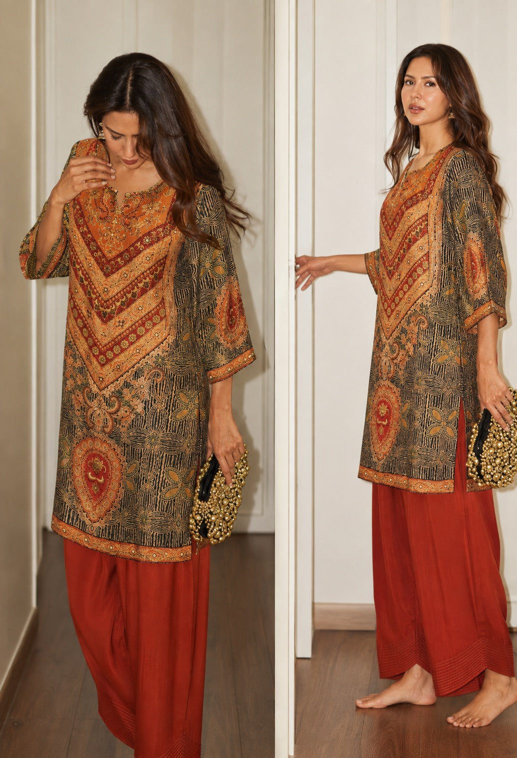 Rust Orange Printed Muslin Silk Salwar Set
