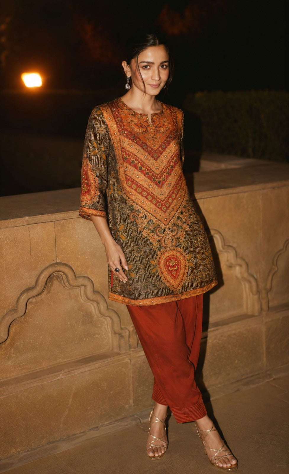 Rust Orange Printed Muslin Silk Salwar Set