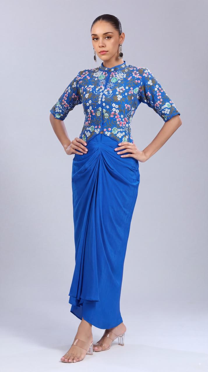 Blue Floral Embellished Crepe Silk Skirt Set