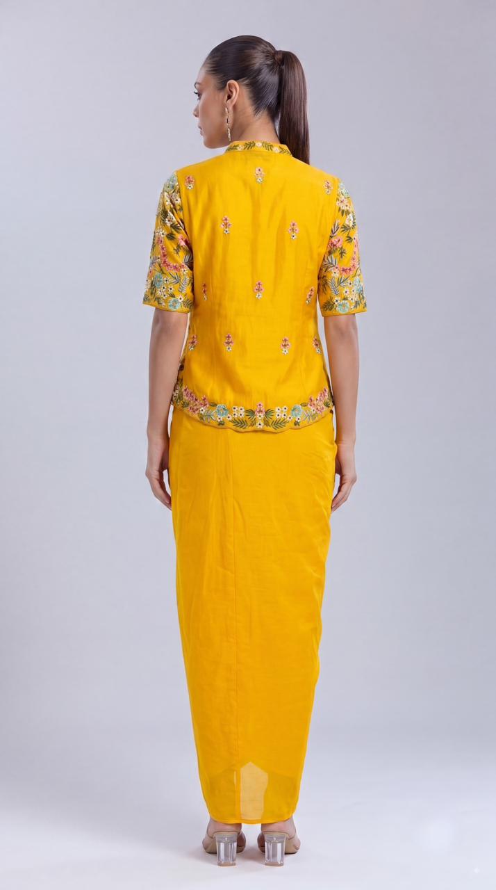 Yellow Floral Embellished Crepe Silk Skirt Set