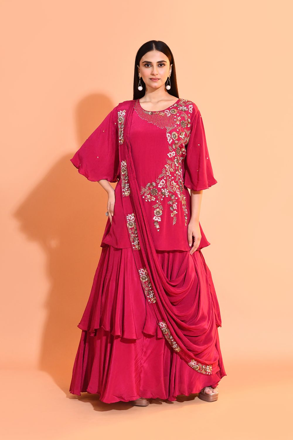 Magenta Floral Embellished Crepe Silk Skirt Set